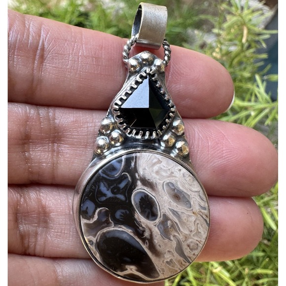 Petrified Palm Root Cab Onyx Sterling Silver Pendant‎ Signed 1 3/4" USA 11.2g - Picture 1 of 11